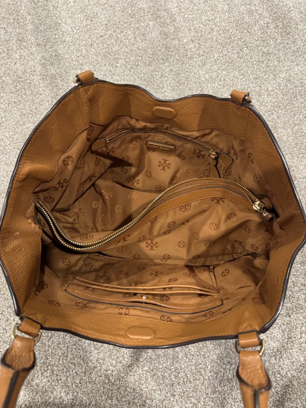 Tory Burch Cognac Leather Shoulder Tote with Embossed Logo - Picture 3 of 9